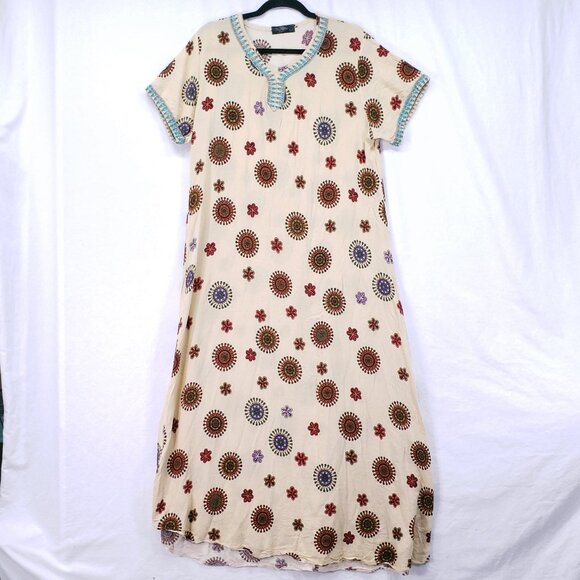 Fanda Beige Colorful Floral Print Relaxed Boho  Moo Moo Dress XL - Picture 1 of 14